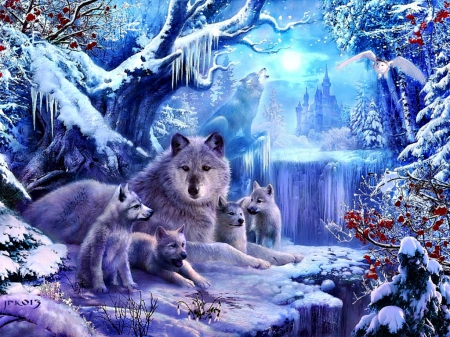 Family in winter - winter, blue, wolf, Jan Patrik Krasny, snow, berry, family, fantasy, white, animal, red, art