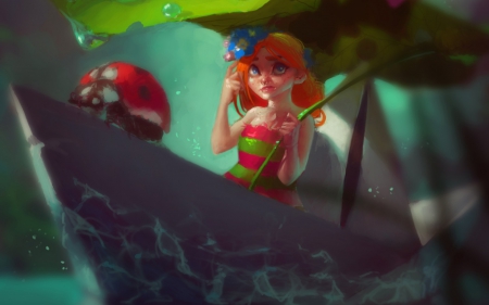 Sailing - redhead, girl, fantasy, ladybug, art, red, green, fairy, cute, boat