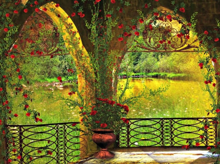 Rose Terrace - roses, railing, trees, water, vines, pond, terrace, rocks