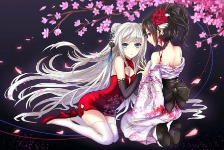 Blossom Sakurai - pretty, anime, female, blossom, maiden, long hair, gorgeous, hd, nice, silver hair, anime girl, sakura, cherry blossom, beautiful, hot, girl, beauty, kimono, lovely, sakura blossom, sweet, flower, petals, yukata, cg, lady, awesome, black hair, angelic, floral, sexy