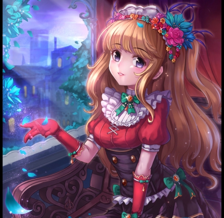 Blue Petals - flower, cute, beautiful, blossom, anime girl, adorable, girl, elegant, gorgeous, floral, lolita, red, pretty, kawaii, beauty, sweet, brown hair, anime, hd, dress, cg, long hair, petals, nice, lovely, scene, female