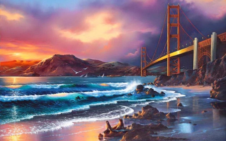 California Gold - birds, nature, beach, waves, bridge