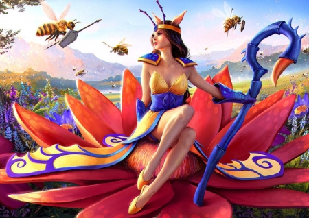 Queen Bee - colorful, crown, staff, fantasy, nature, queen, pretty, bees, flower