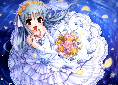 Wedding Dress - anime, elegant, kawaii, divine, female, blossom, dress, sublime, happy, gorgeous, blue hair, hd, smiling, bride, gown, anime girl, wedding, girl, flower, petals, bouquet, cg, smile, longhair, cute, adorable, floral