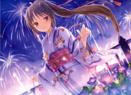 Sakuraba - nice, beauty, female, twintail, japanese, anime girl, brown hair, pretty, japan, anime, oriental, kimono, twin tail, fireworks, scene, girl, twintails, long hair, lovely, cg, hd, floral, twin tails, beautiful, blossom, yukata, sweet, flower