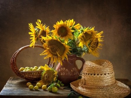 Still life - flowers, yellow, still life, hat