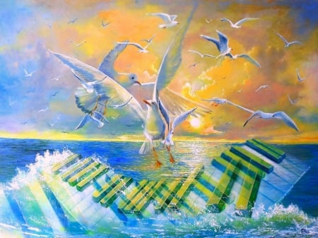 â˜…Music of the Oceanâ˜… - attractions in dreams, paradise, music, stunning, creative pre-made, waves, nature, flying, oceans, love four seasons, beautiful, sunsets, colors, paintings, sea, birds