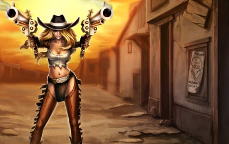 Miss Fortune - game, gun, guns, cowgirl, fantasy, hat, miss fortune, city, league of legends, boots