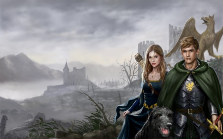 Harbinger Chronicles - woman, princess, tale, couple, girl, harbinger chronicles, sofia, fantasy, armor, art, game, man, dog, castle, dragon