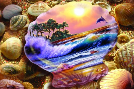 Ocean in a Seashell - seashells, trees, steve sundaram art, fantasy, turtle, beautiful, dolphins, shell, sea, sunrise