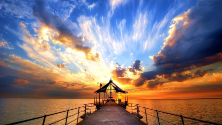 Pier at Sunset - sky, reflection, clouds, water, colors, sea