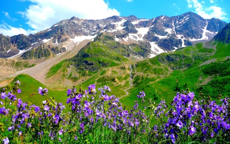 Mountain view - clouds, hills, summer, beautiful, landscape, lovely, valley, mountain, flowers, nature, view, sky