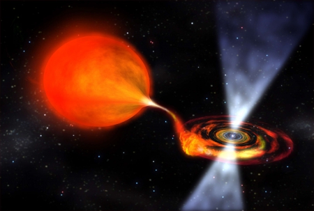 Pulsar and red giant star - swallows, away, orbit, takes, matter