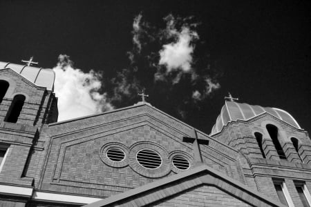 storm clouds brewing - storm clouds, jesus, scenic church, storm clouds brewing, crucifix, pretty church, cross, church