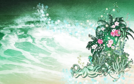 Green Floral Abstract - seahorse, flowers, waves, octapus