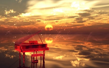 Sunset Melody - piano, art, red, music, sunset