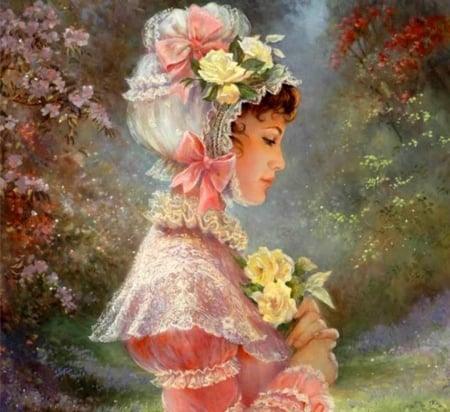 Painting - painting, flowers, lady, yellow