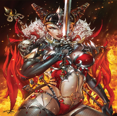 Dark Queen - woman, sword, fire, red