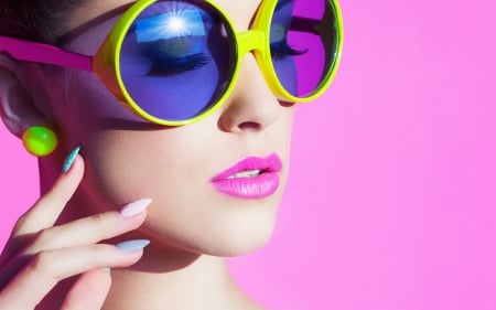 Beauty - beauty, woman, make up, girl, fashion, summer, sunglasses, make-up, model, face, yellow, pink, blue