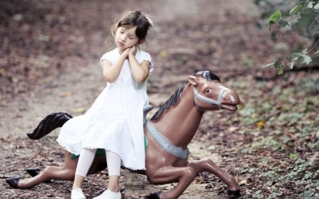 Day Dreaming - white, dress, girl, dreaming, horse, toy, child