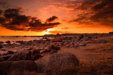 Splendor - nature, beach, splendor, sunset, sea, fire, rocks