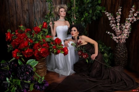 Ladies - sensual, red roses, beauty, models, sisters, female, bride, ladies