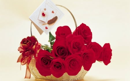 Basket of Red Roses - basket, flowers, rose, red