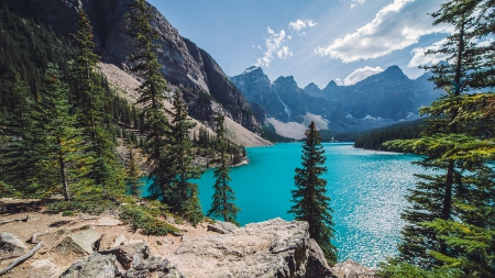 Sunny Day over Moraine Lake - nature, lakes, trees, clouds, blue, mountains