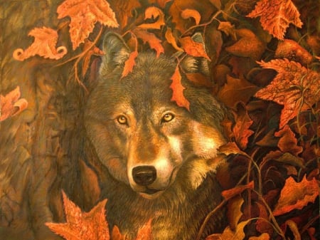 Wolf's Soul in Autumn - love four seasons, animals, beautiful, leaves, digital art, fall season, wolf, wolves, creative pre-made, draw and paint, lovely, paintings, autumn