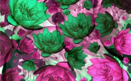 pink and green flowers - green, art, flower, pink