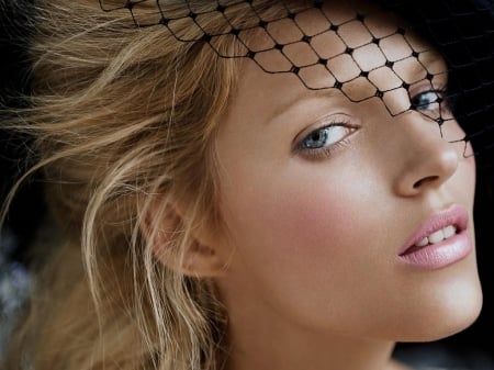 Anja Rubik - hat, veil, girl, Anja Rubik, pink, black, make-up, woman, model, face