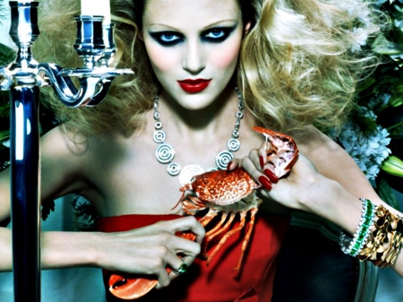 Anja Rubik - woman, homar, girl, lobster, make-up, model, anja rubik, red, blue