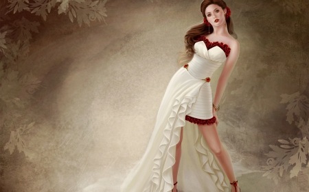 Fantasy beauty - white, red, fantasy, beauty, girl, woman, dress, art