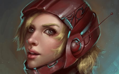 Fantasy girl - headphone, fantasy, woman, red, helmet, girl, face, art