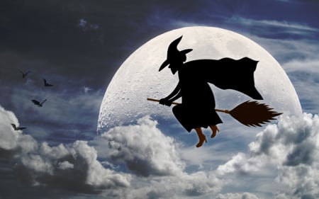 Halloween Witch - witch, moon, halloween, clouds, birds