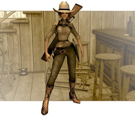 ~Cowgirl~ - hat, saloon, gun, guns, chairs, spittoon, cowgirl, stairs, stools