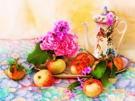 Still Life - flowers, vase, apples, arrangement, artwork