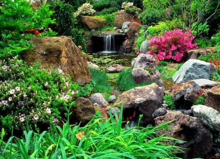 Beautiful garden - cascades, greenery, stream, park, summer, waterfall, rocks, creek, nature, forest, flowers, stones, garden