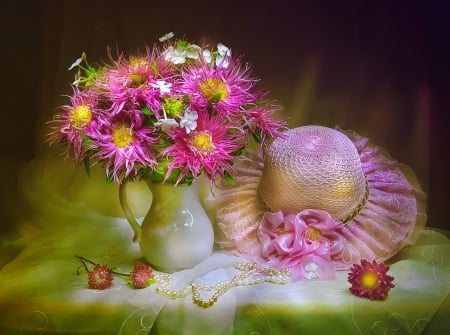 Still life - pearls, hat, delicate, bouquet, lovely, still life, vase, pretty, pink, beautiful, ribbon, flowers, harmony