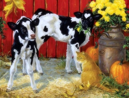 Calves & Cat - autumn, animals, draw and paint, lovely, creative pre-made, calves, halloween, pumpkins, love four seasons, holidays, pretty, weird things people wear, colors, flowers, cute, fall season