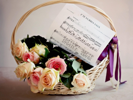 Song for Roses - flowers, basket, still life, nature, pink roses