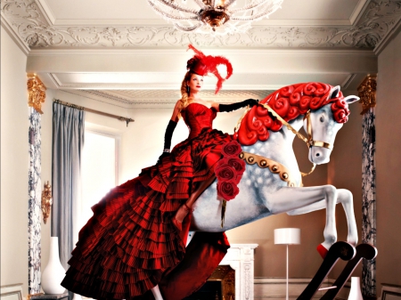 Uma Thurman - actress, girl, hat, toy, white, womna, horse, uma thurman, red, dress