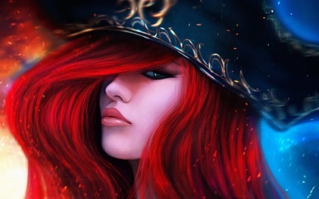 Miss Fortune - beauty, woman, redhead, hat, girl, red haired, fantasy, miss fortune, art, game, blue, league of legends, hunter