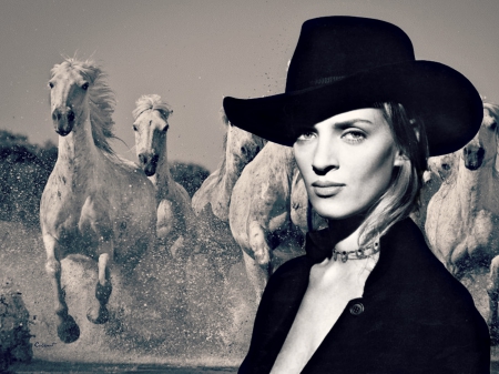 Uma Thurman - woman, actress, hat, girl, cowgirl, black, white, horse, uma thurman, blue, by cehenot