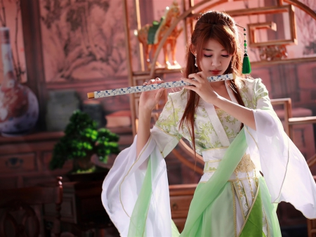 Chinese Beauty - flute, girl, music, chinese, dress