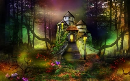 fantasy house - night, house, fantasy, forest