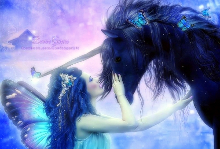 ★Touch the Magic★ - pretty, creative pre-made, butterflies, photomanipulation, butterfly designs, unicorn, blue dreams, softness beauty, beautiful, charm, digital art, models, weird things people wear, colors, lovely, girls, fantasy, love four seasons