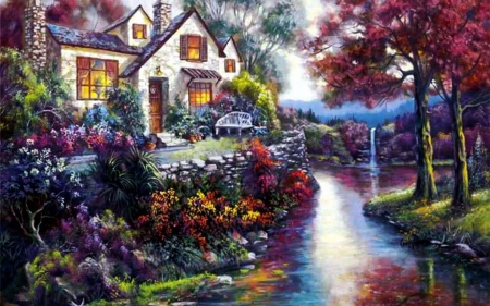 cottage at the creek - paint, cottage, art, garden, creek, flower