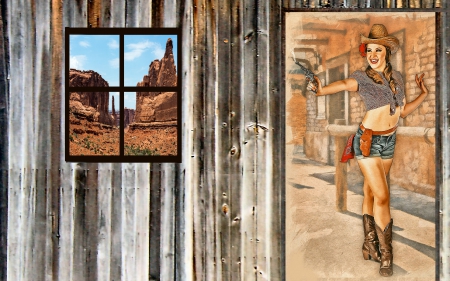 The View - women, fun, female, boots, guns, windows, deserts, hats, girls, cowgirls, doors, style, drawing, walls, art, westerns