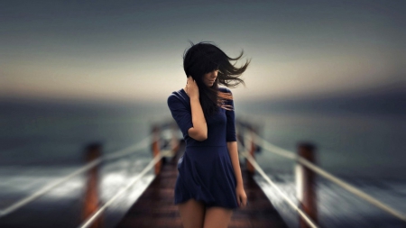 Stormy Day - ship, girl, storm, sea